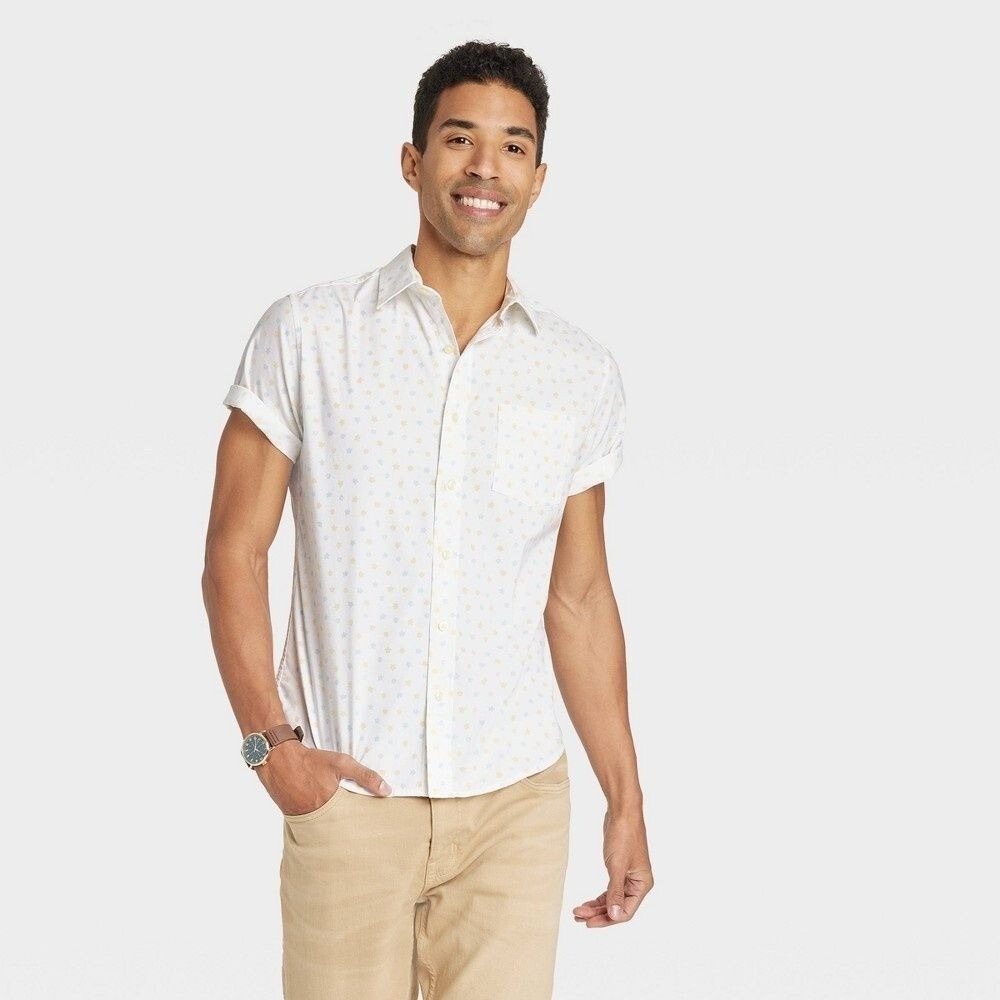 Men's Floral Print Short Sleeve Slim Fit Button-Down Shirt - Goodfellow & Co™ Wh